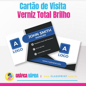 1000 Cartão de Visita Verniz Total Brilho Couchê 250gr 18x15cm 4x4 Verniz total somente frente Corte Reto Com impressão colorida frente e verso