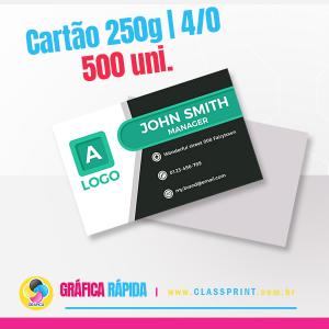 500 Cartão de Visita Só Frente (Verniz Total Brilho) Couchê 250gr 9x5sm 4/0 Verniz total somente frente Corte Reto Com impressão colorida frente