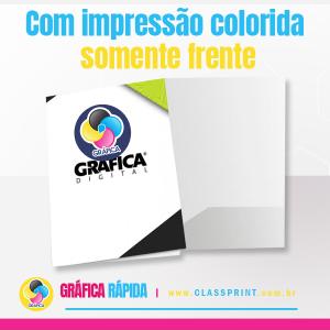 Pasta com BOLSA 4/0 brilho ou fosca Papel Cartão 250g Aberto: 36x48,5cm / Fechado: 21,5x30,5cm 4x0 Brilho ou fosco Vinco central + bolsa Com impressão colorida somente frente